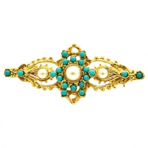Gold Plated Faux Turquoise and Faux Pearl Brooch circa 1990s